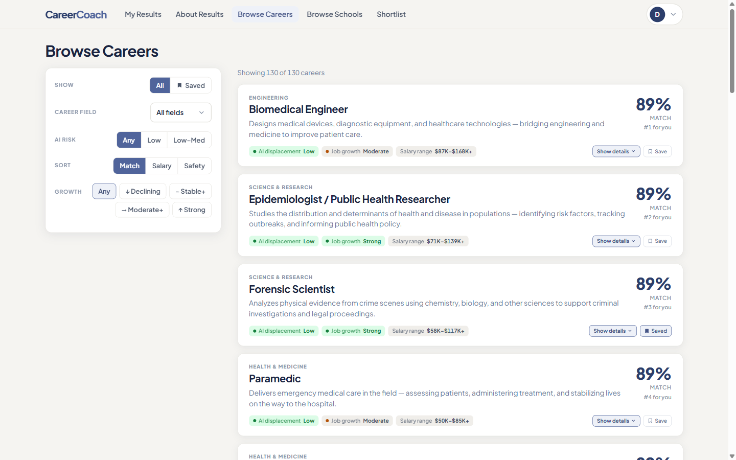 Browse Careers screen grouped by field, each career with AI-risk and job-growth data